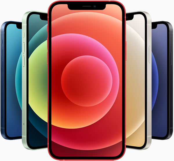 Cinco modelos de iPhone 12 en azul, verde, rojo, color oro y azul.