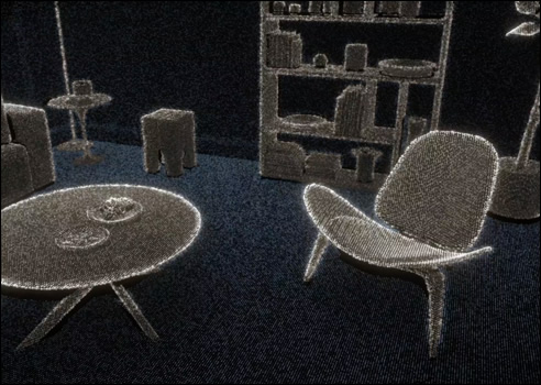 Imagen de un mapa de profundidad de una habitación con una silla, una mesa y un librero.