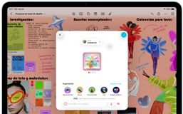 iPad Air, parte frontal, orientación horizontal, botones de volumen, botón de encendido, la pantalla muestra una interfaz de app colorida con varios íconos