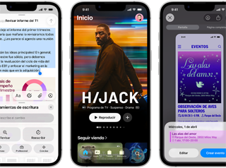 Dispositivos iPhone 17e uno al lado del otro que muestran diferentes pantallas: un juego, Herramientas de Escritura, app Apple TV, la creación de un evento en el calendario, la creación de un Genmoji