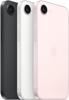 iPhone 17e, partes lateral y posterior, color negro, partes lateral y posterior, color blanco, partes lateral y posterior, color rosa pálido, cámara Fusion en la esquina superior, botón lateral