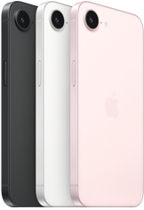 iPhone 17e, partes lateral y posterior, color negro, partes lateral y posterior, color blanco, partes lateral y posterior, color rosa pálido, cámara Fusion en la esquina superior, botón lateral