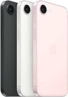 iPhone 17e, partes lateral y posterior, color negro, partes lateral y posterior, color blanco, partes lateral y posterior, color rosa pálido, cámara Fusion en la esquina superior, botón lateral