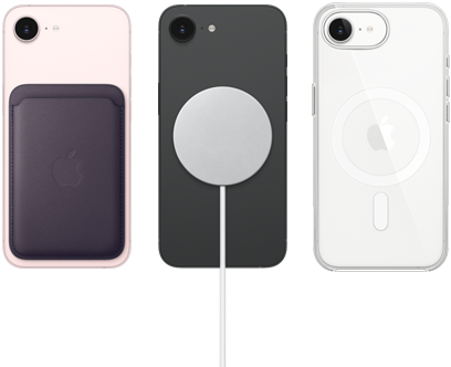 iPhone 17e en color rosa pálido con cartera de FineWoven en color morado medianoche, iPhone 17e en color negro con cargador MagSafe, iPhone 17e en color blanco con funda transparente con MagSafe