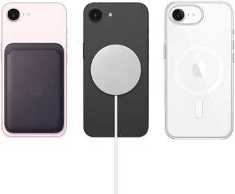iPhone 17e en color rosa pálido con cartera de FineWoven en color morado medianoche, iPhone 17e en color negro con cargador MagSafe, iPhone 17e en color blanco con funda transparente con MagSafe