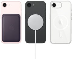 iPhone 17e en color rosa pálido con cartera de FineWoven en color morado medianoche, iPhone 17e en color negro con cargador MagSafe, iPhone 17e en color blanco con funda transparente con MagSafe