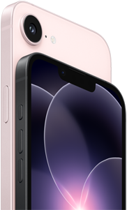 iPhone 17e, partes lateral y posterior en horizontal, color rosa pálido, iPhone 17e, partes lateral y frontal en horizontal, color negro