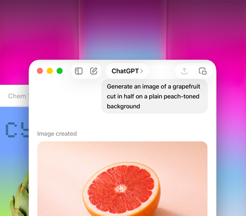 Pantalla de una MacBook Neo, se usa ChatGPT para generar una imagen de un pomelo, la segunda ventana muestra la imagen de una alcachofa sobre un fondo degradado en Keynote
