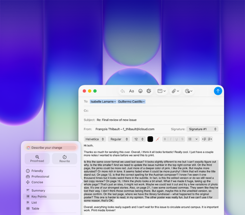 Pantalla de una MacBook Neo, se usa Herramientas de Escritura de Apple Intelligence en Mail para revisar un párrafo extenso de un correo electrónico con comentarios sobre una publicación