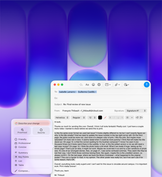 Pantalla de una MacBook Neo, se usa Herramientas de Escritura de Apple Intelligence en Mail para revisar un párrafo extenso de un correo electrónico con comentarios sobre una publicación