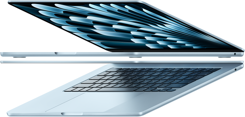 Dos MacBook Air azul cielo abiertas en forma de flecha para destacar el perfil delgado