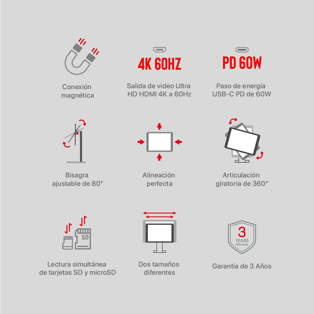 Soporte magnético (adaptador integrado) 8-en-1 Mag M Pro de USB-C a HDMI/USB-A/USB-C/Lector de tarjeta SD/microSD para iPad Pro 12.9" de Adam Elements - Gris espacial