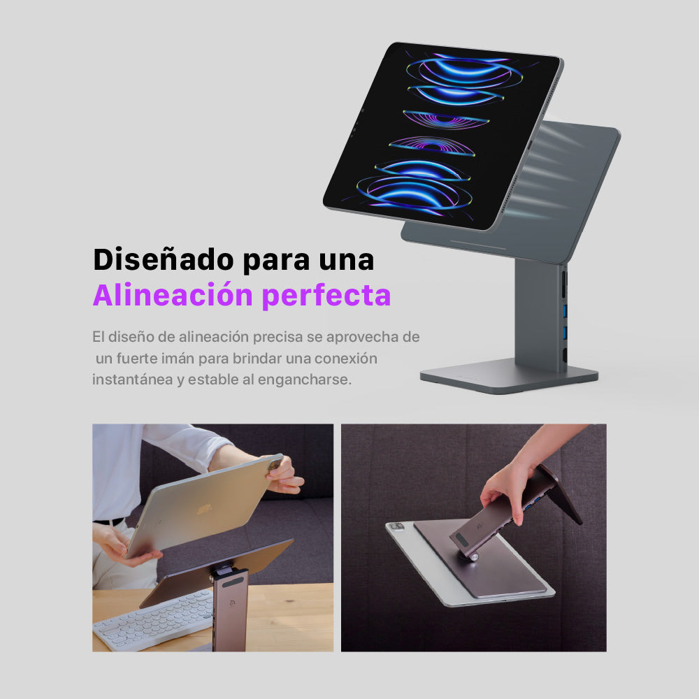 Soporte magnético (adaptador integrado) 8-en-1 Mag M Pro de USB-C a HDMI/USB-A/USB-C/Lector de tarjeta SD/microSD para iPad Pro 11" de Adam Elements - Gris espacial