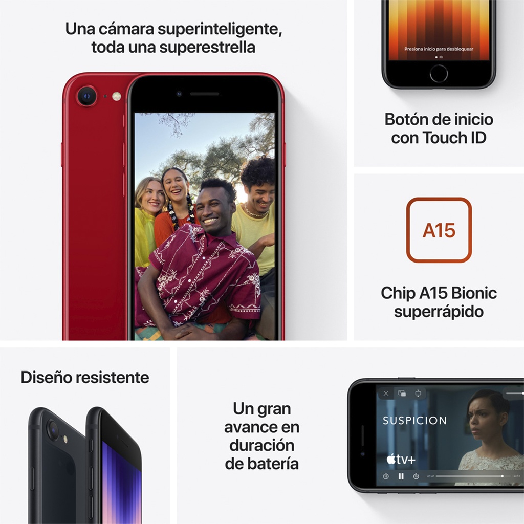 Imagen compuesta que muestra el iPhone SE en color rojo con una foto grupal en pantalla. Alrededor, se destacan sus principales características: botón de inicio con Touch ID, chip A15 Bionic, diseño resistente y mayor duración de batería.