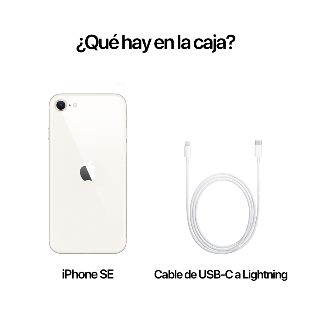 Imagen que muestra el contenido de la caja del iPhone SE. A la izquierda, el iPhone SE en color blanco estelar visto de espaldas. A la derecha, un cable de carga USB-C a Lightning blanco.