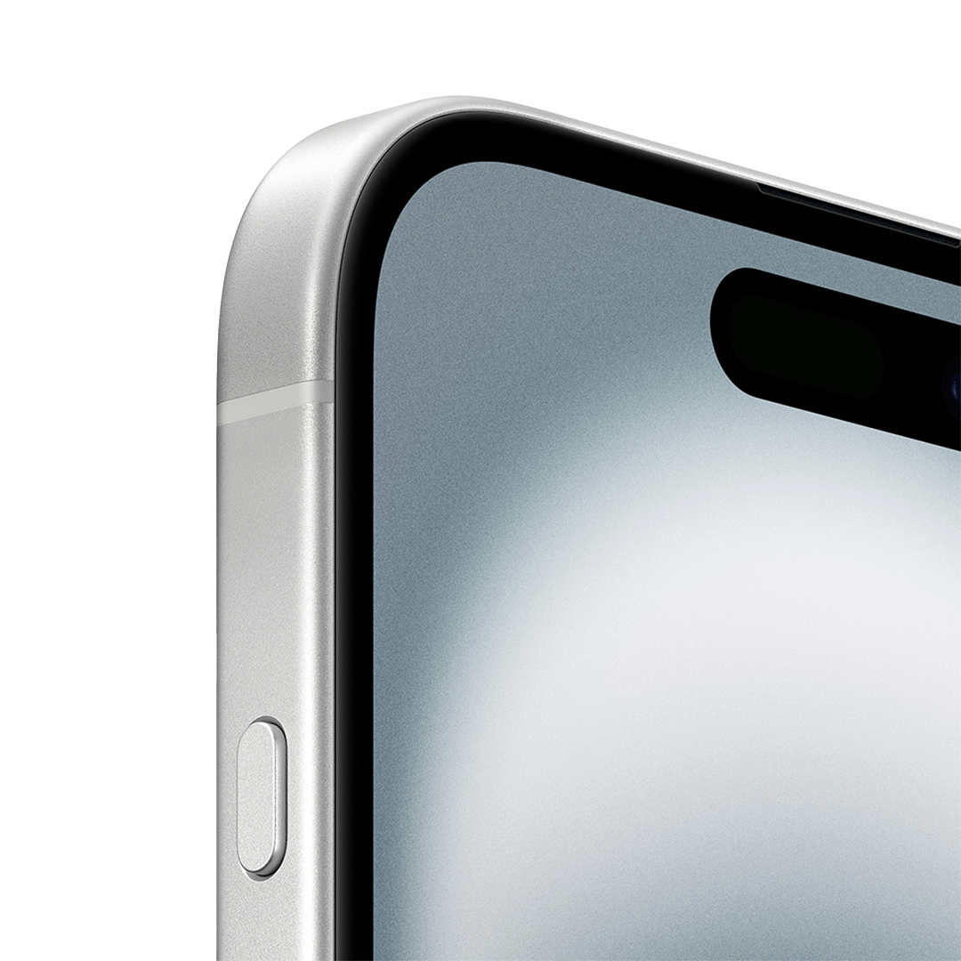 Primer plano del borde del iPhone 16 Plus en color blanco, mostrando el botón lateral y parte de la pantalla con la Dynamic Island encendida.