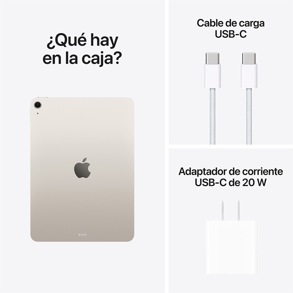 Imagen dividida en tres secciones. A la izquierda, vista trasera del iPad Air en color blanco estelar. A la derecha, se muestra el contenido de la caja: cable de carga USB-C y adaptador de corriente USB-C de 20 W.