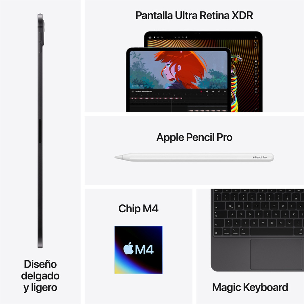 Composición de cinco paneles que destacan las características del iPad Pro de 13 pulgadas con chip M4.  Panel izquierdo central: El perfil delgado de un iPad Pro de color negro espacial, mostrando sus bordes planos y la ubicación de los botones laterales. Debajo se lee 'Diseño delgado y ligero'.  Panel superior central: La parte superior de la pantalla de un iPad Pro, mostrando una película animada con una figura de cabello naranja y un gráfico de reproducción. Arriba se lee 'Pantalla Ultra Retina XDR'.  Panel central: Un Apple Pencil Pro blanco, con una ligera sombra debajo, mostrando su diseño elegante y alargado. Debajo se lee 'Apple Pencil Pro'.  Panel inferior central: Un chip estilizado de color negro con el logotipo de Apple y el texto 'M4' en blanco, sobre un fondo con un efecto de luz iridiscente. Debajo se lee 'Chip M4'.  Panel inferior derecho: Un primer plano del Magic Keyboard negro, mostrando las teclas retroiluminadas y el trackpad integrado. Debajo se lee 'Magic Keyboard'.