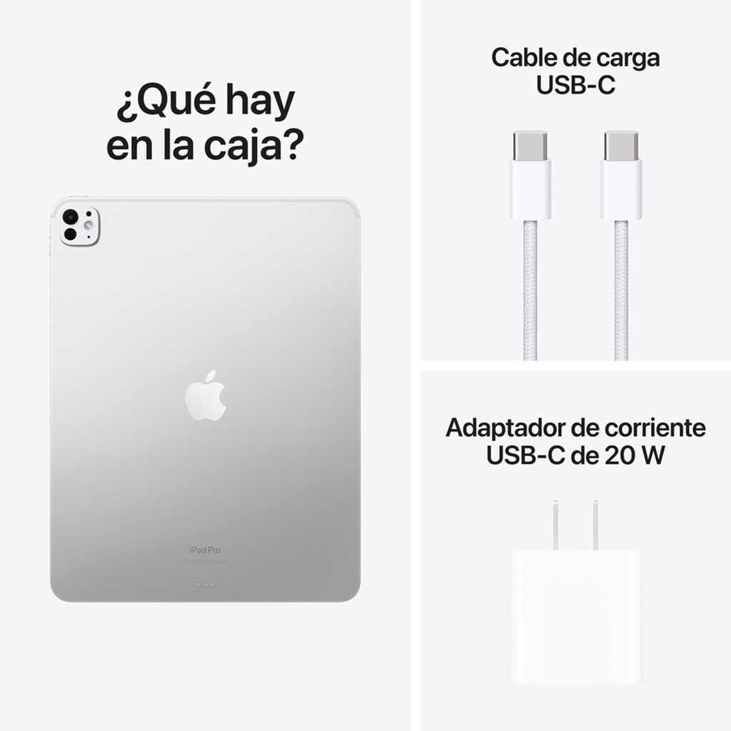 Composición de tres paneles que muestran el contenido de la caja del iPad Pro de 13 pulgadas.  Panel superior izquierdo: La parte trasera de un iPad Pro de 13 pulgadas de color plata, con el logotipo de Apple en el centro y la palabra 'iPad Pro' debajo. Arriba se lee '¿Qué hay en la caja?'.  Panel superior derecho: Un cable de carga USB-C blanco con un conector USB-C en cada extremo, mostrando la textura trenzada del cable y las puntas metálicas de los conectores. Arriba se lee 'Cable de carga USB-C'.  Panel inferior derecho: Un adaptador de corriente USB-C blanco, rectangular y compacto, con dos clavijas. Abajo se lee 'Adaptador de corriente USB-C de 20 W'.