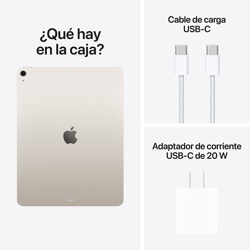 Imagen dividida en tres secciones. A la izquierda, vista trasera del iPad Air en color blanco estelar. A la derecha, se muestra el contenido de la caja: cable de carga USB-C y adaptador de corriente USB-C de 20 W.