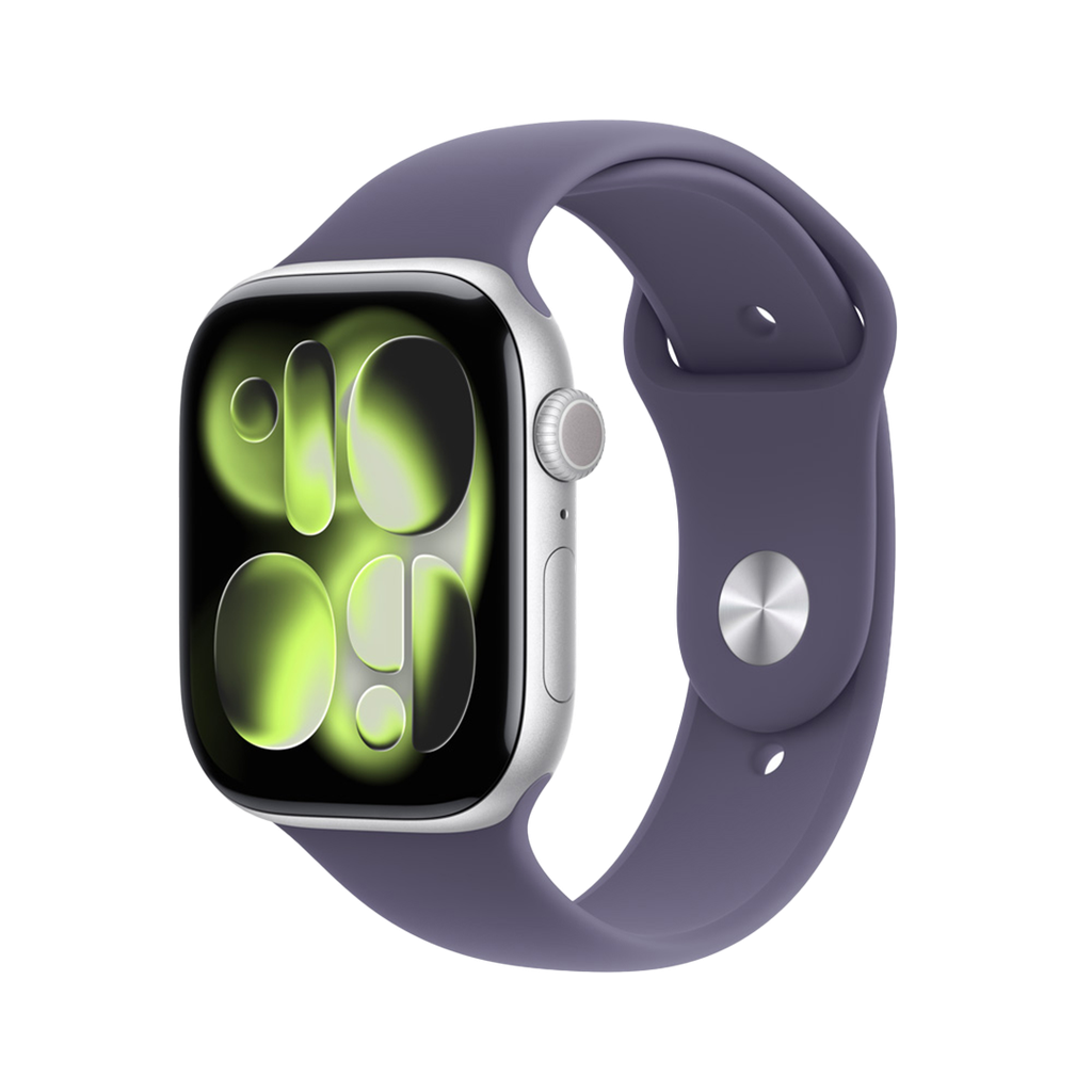 Apple Watch Series 11 (GPS) 46 mm - Caja de aluminio plata - Banda deportiva morado niebla - M/L