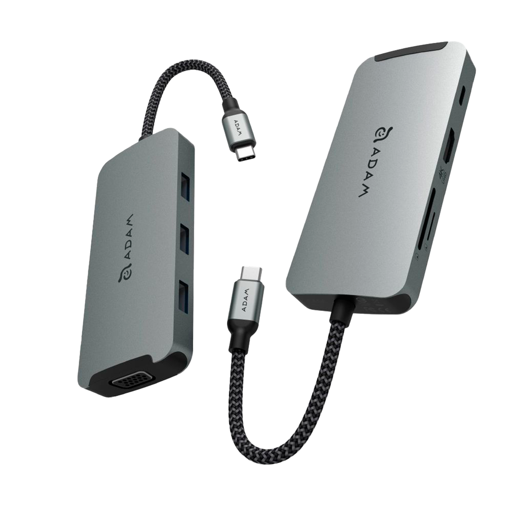 Adaptador 8-en-1 CASA Hub A08 de USB-C a HDMI/VGA/USB-A/USB-C/Lector de tarjeta SD/microSD de Adam Elements - Gris espacial